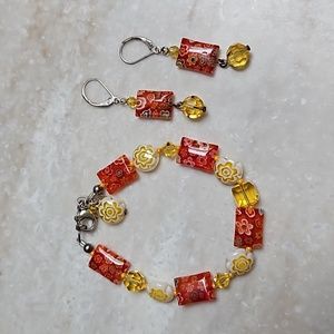😍925 Emily Ray Yellow & Orange Millefiori Bracelet & Earrings😍NWOT